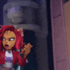 a cartoon character with red hair is standing in front of a wall