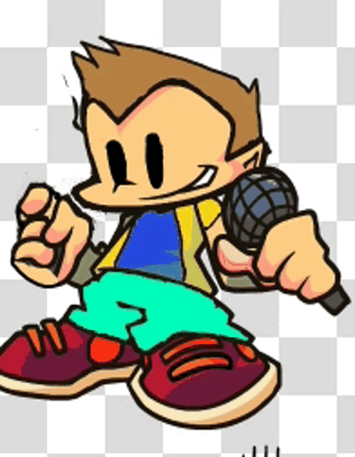 a cartoon of a boy holding a microphone on a checkered background