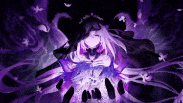 a girl with purple hair and a black cape