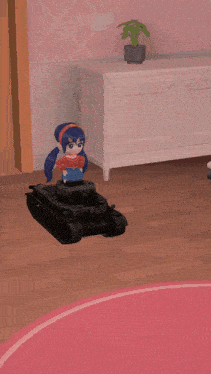 a little girl with blue hair is sitting on a toy tank
