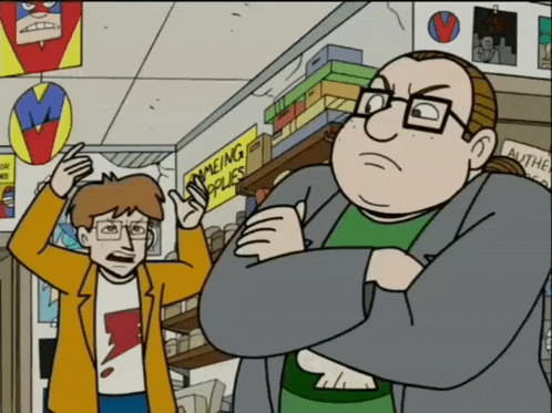 two cartoon characters are standing in front of a sign that says supplies