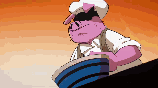a cartoon pig is wearing a chef 's hat and holding a blue bowl