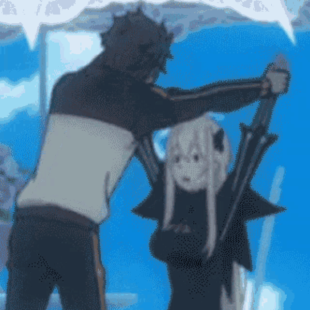 a pixelated image of a man holding a sword next to a girl