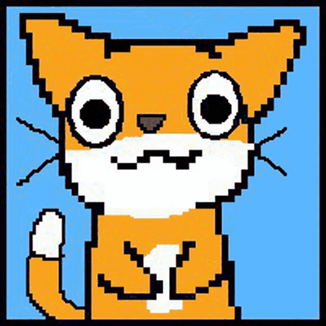 a pixel art of an orange and white cat with a blue background