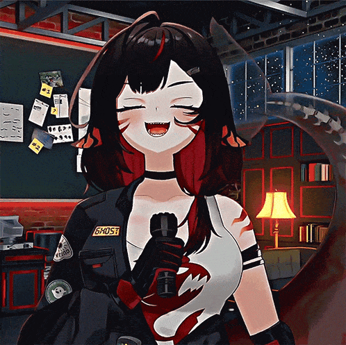 a girl in a ghost uniform is smiling and holding a microphone
