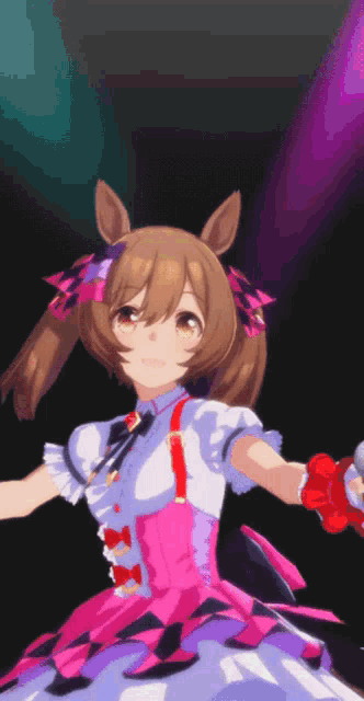 a brown haired anime girl in a pink and white dress