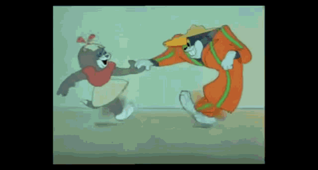 a cartoon of a cat and a man dancing together .