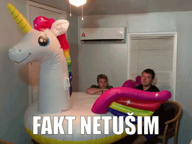 two men sit at a table with an inflatable unicorn and the words " fakt netusim " on the bottom