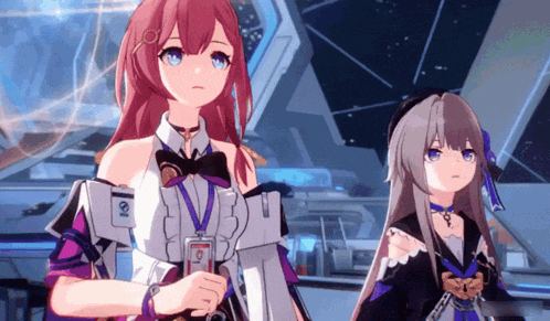 two anime girls standing next to each other with one wearing a badge that says ' ioi ' on it
