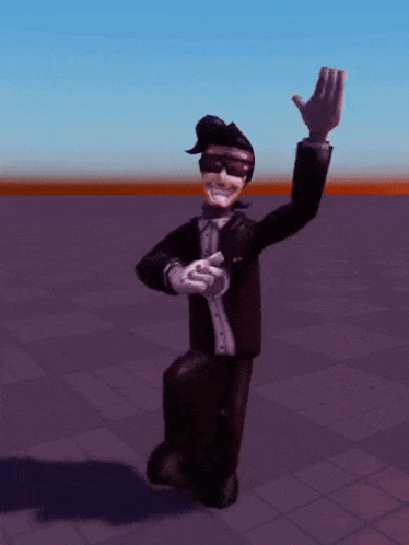 a cartoon character wearing a suit and goggles is waving his hand