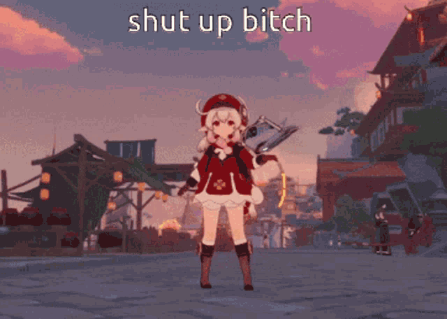 a girl in a video game is holding a book and says shut up bitch on the bottom