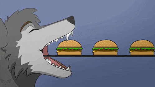 a cartoon of a wolf eating three hamburgers on a tray