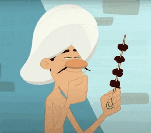 a cartoon man with a white turban is holding a skewer of meat