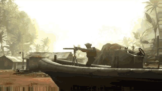 a man in a boat is shooting a gun