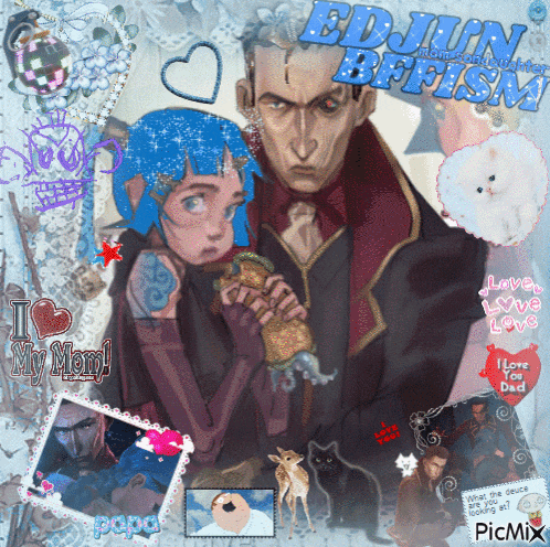 a picture of a man and a girl with edjin bffishe written on the bottom