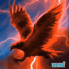 a red eagle is flying in the sky with lightning behind it and the words yaybo on the bottom