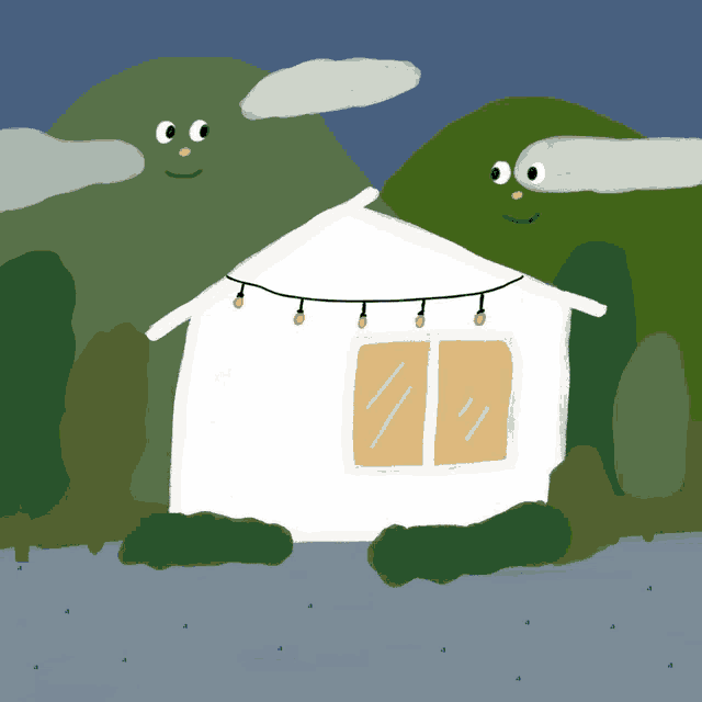 a drawing of a house with a string of lights hanging from it
