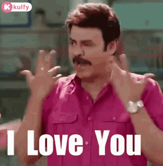 a man with a mustache is making a funny face and saying i love you .