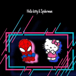 a hello kitty and spiderman poster with a neon frame
