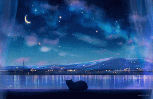 a painting of a cat looking out a window at a night sky