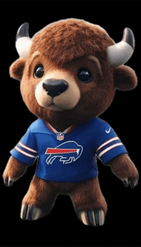 a stuffed animal wearing a blue buffalo jersey