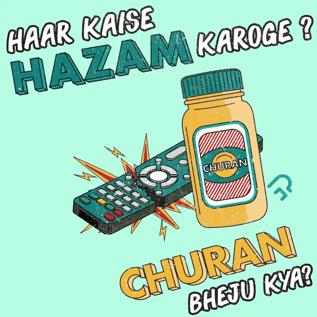 a cartoon of a remote control and a bottle of churan