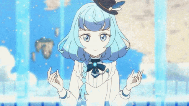 a girl with blue hair is wearing a white dress and a black hat