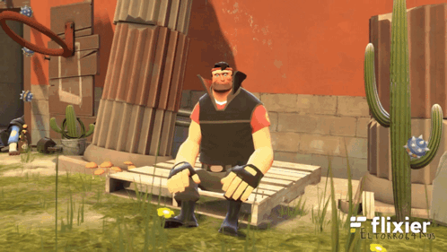 a man sits on a wooden pallet in front of a cactus and a sign that says flixier on it
