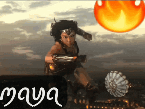a woman in a wonder woman costume is flying through the air with the word maya below her