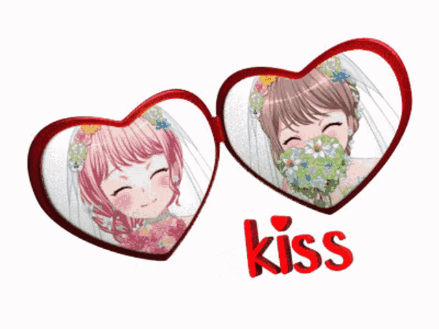 a couple of hearts with a bride and groom inside of them and the word kiss below them