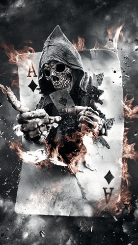 a grim reaper is holding an ace of diamonds in his hand