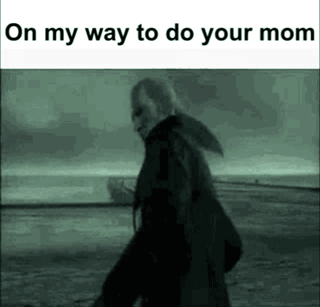 a man is walking on a beach with the words `` on my way to do your mom '' written above him .
