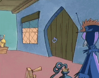a cartoon character standing in front of a door