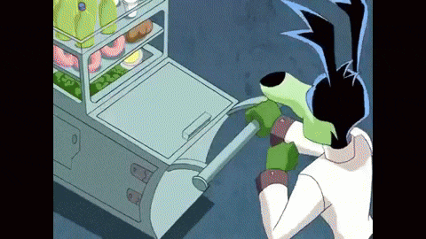 a cartoon character is standing in front of a refrigerator with a bottle of milk in it