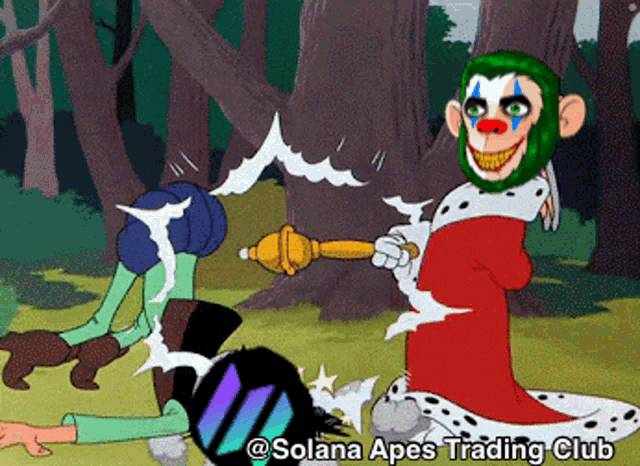a cartoon of a clown holding a trophy with the words solana apes trading club below