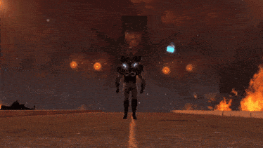 a computer generated image of a man standing in front of a fire