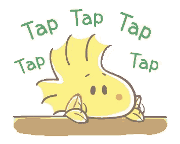 a cartoon of woodstock sitting on a wooden table with the words tap tap tap surrounding him .