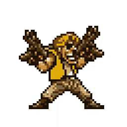 a pixel art of a man holding two guns over his shoulder .