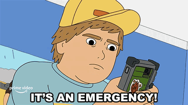 a cartoon of a man holding a device that says it 's an emergency !