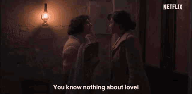two women standing next to each other with the words you know nothing about love below them
