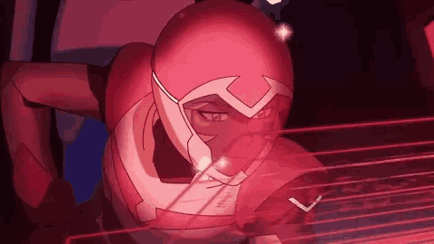 a cartoon character is wearing a pink helmet and holding a red object .