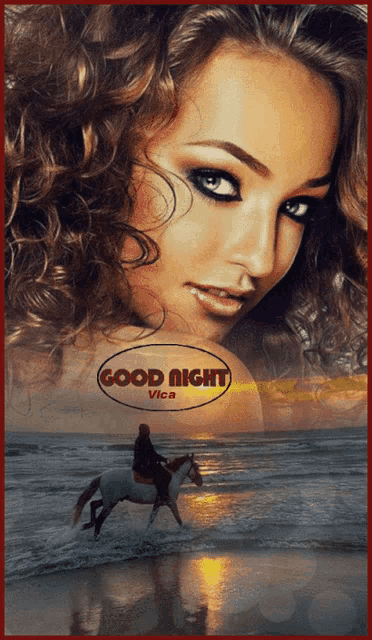 a picture of a woman riding a horse on the beach with the words good night vica