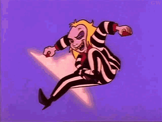 a cartoon character is jumping in the air with a purple background .