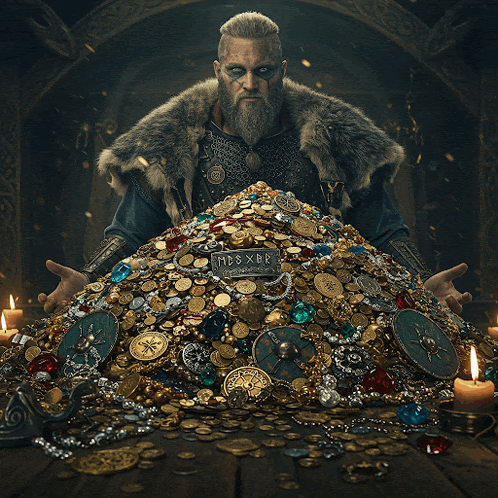 a man is holding a pile of gold coins with the letters mesxbr on it