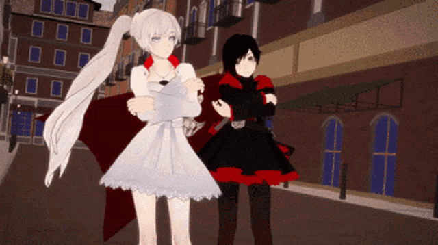 two anime characters standing next to each other on a street