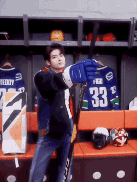 a hockey player in a locker room wearing a jersey with the number 33