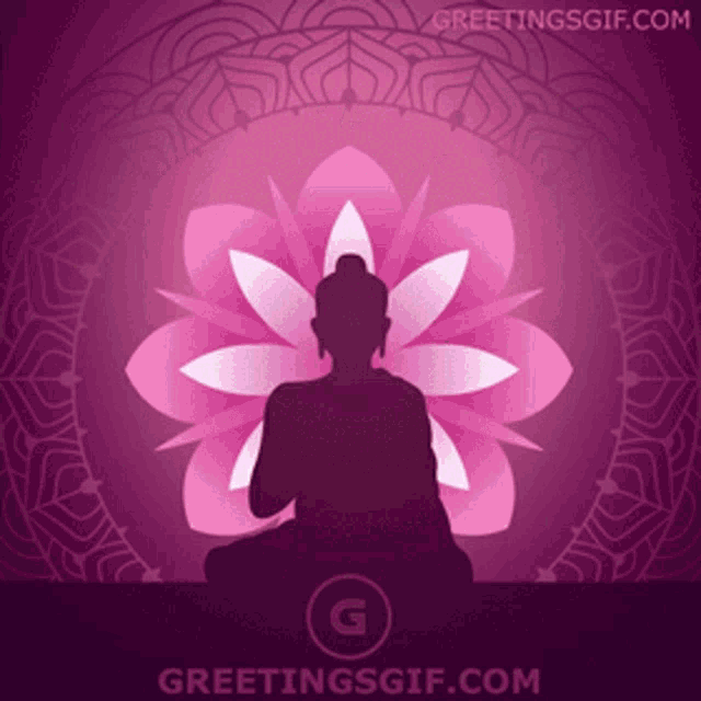 a purple background with a silhouette of a buddha and a pink flower
