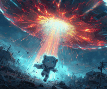 a cartoon cat in a space suit is flying through a huge explosion