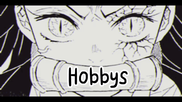 a close up of a person 's face with the word hobbys written on it