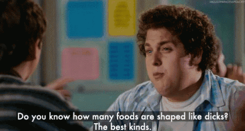a man with curly hair is talking to another man and says do you know how many foods are shaped like dicks the best kinds